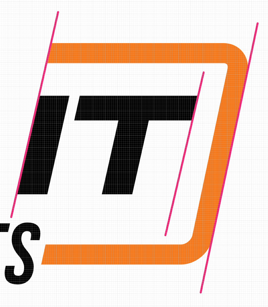 Close crop of the italic IT and orange frame with three parallel Raz construction guides