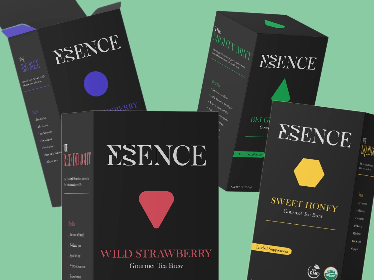 Essence Tea packaging system shown across four flavors