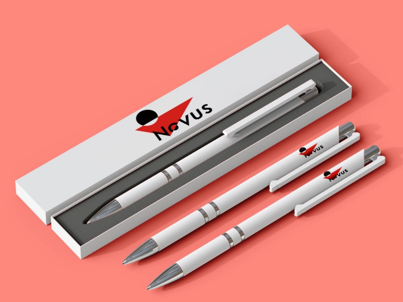 Novus Advanced Living branding applied to promotional pens