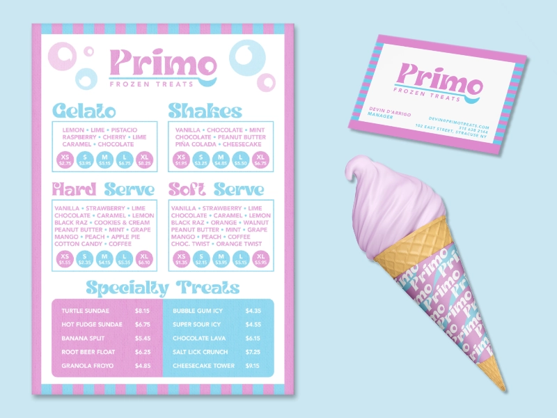 Primo Frozen Treats menu, business card, and branded ice cream cone