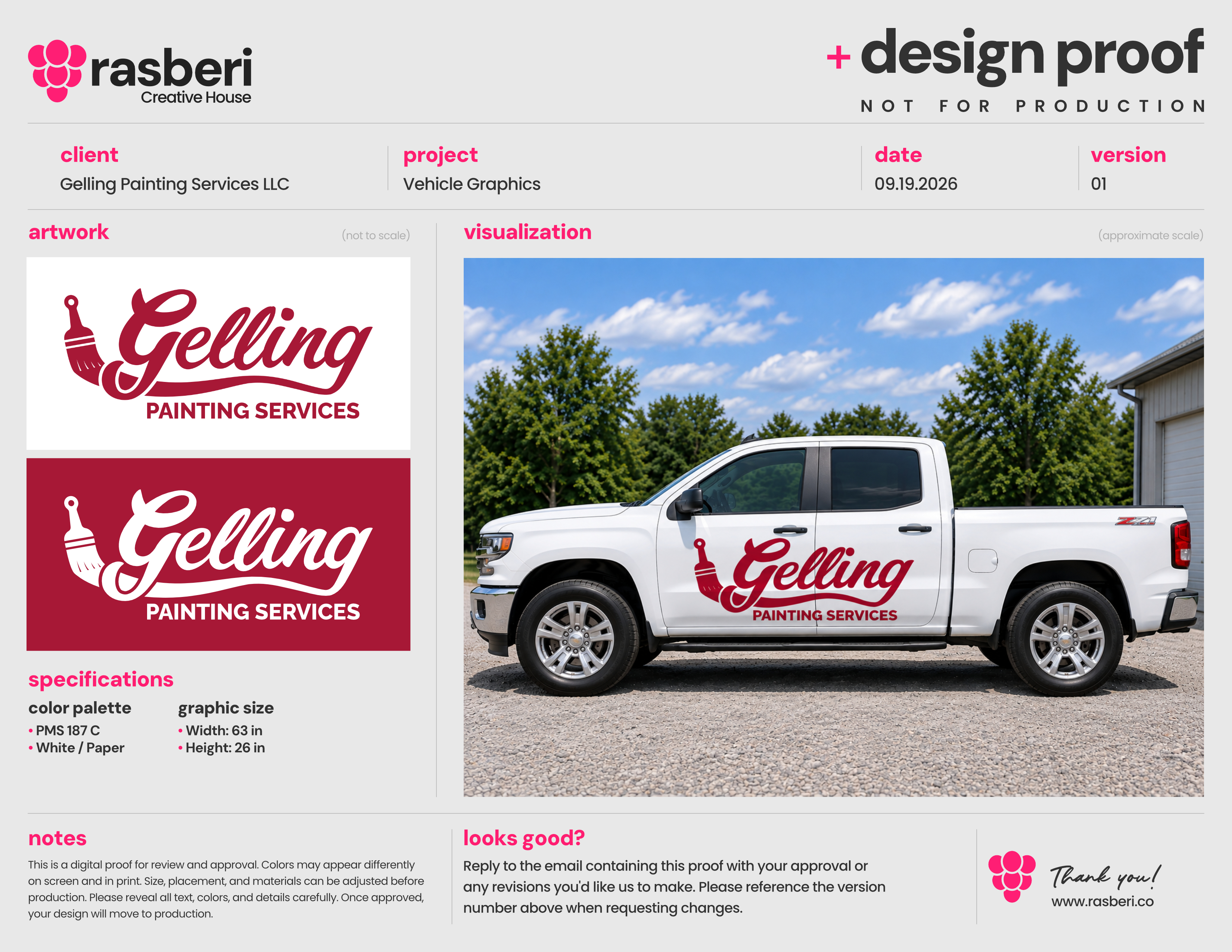 Rasberi design proof and real-world mockup presentation for Gelling Painting Services